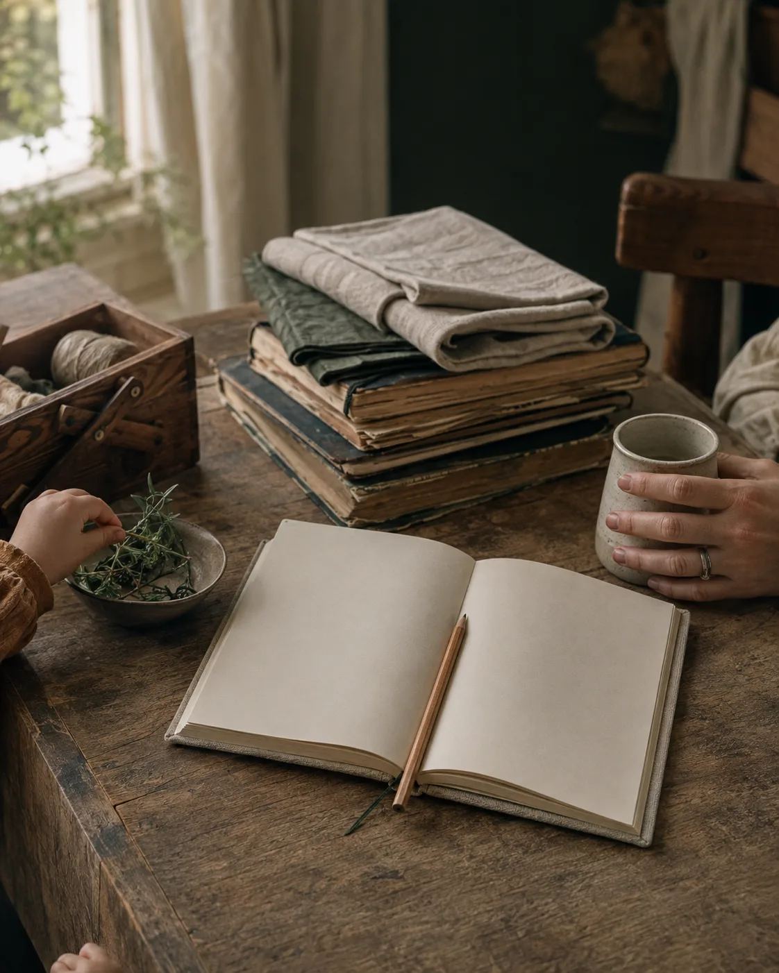A family worktable with an open notebook, well-used books, linen, mending supplies, herbs, and hands sharing the space.