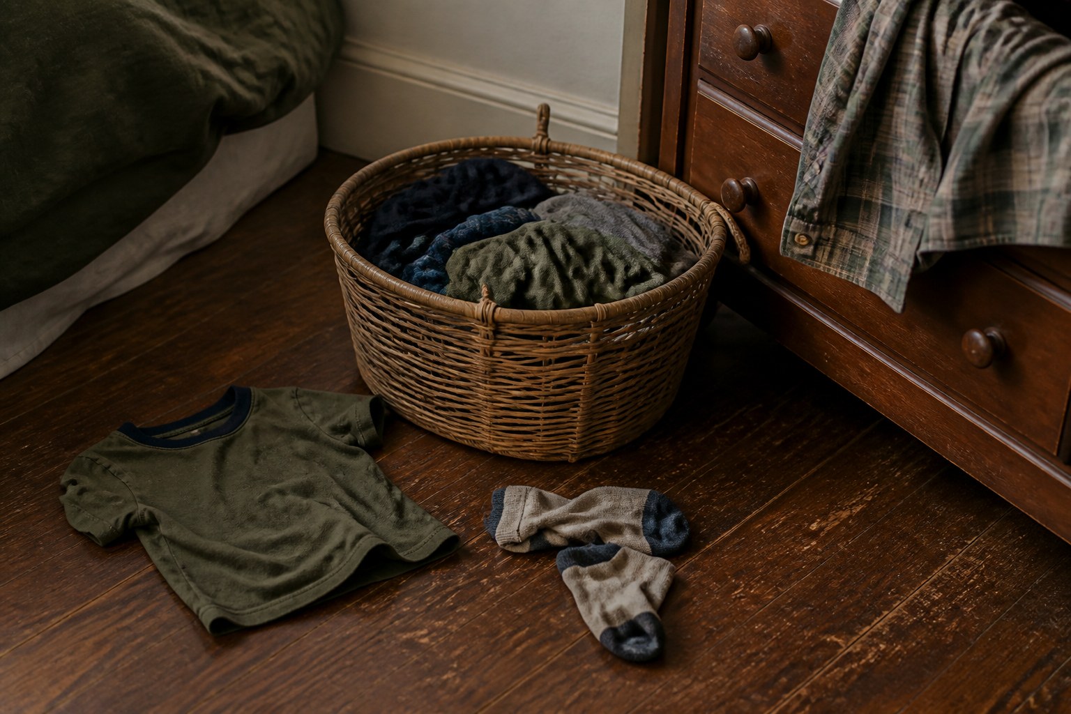 A round wicker laundry basket on a wood floor beside a child’s shirt and socks that missed the basket, with a plaid shirt draped over a dresser drawer.