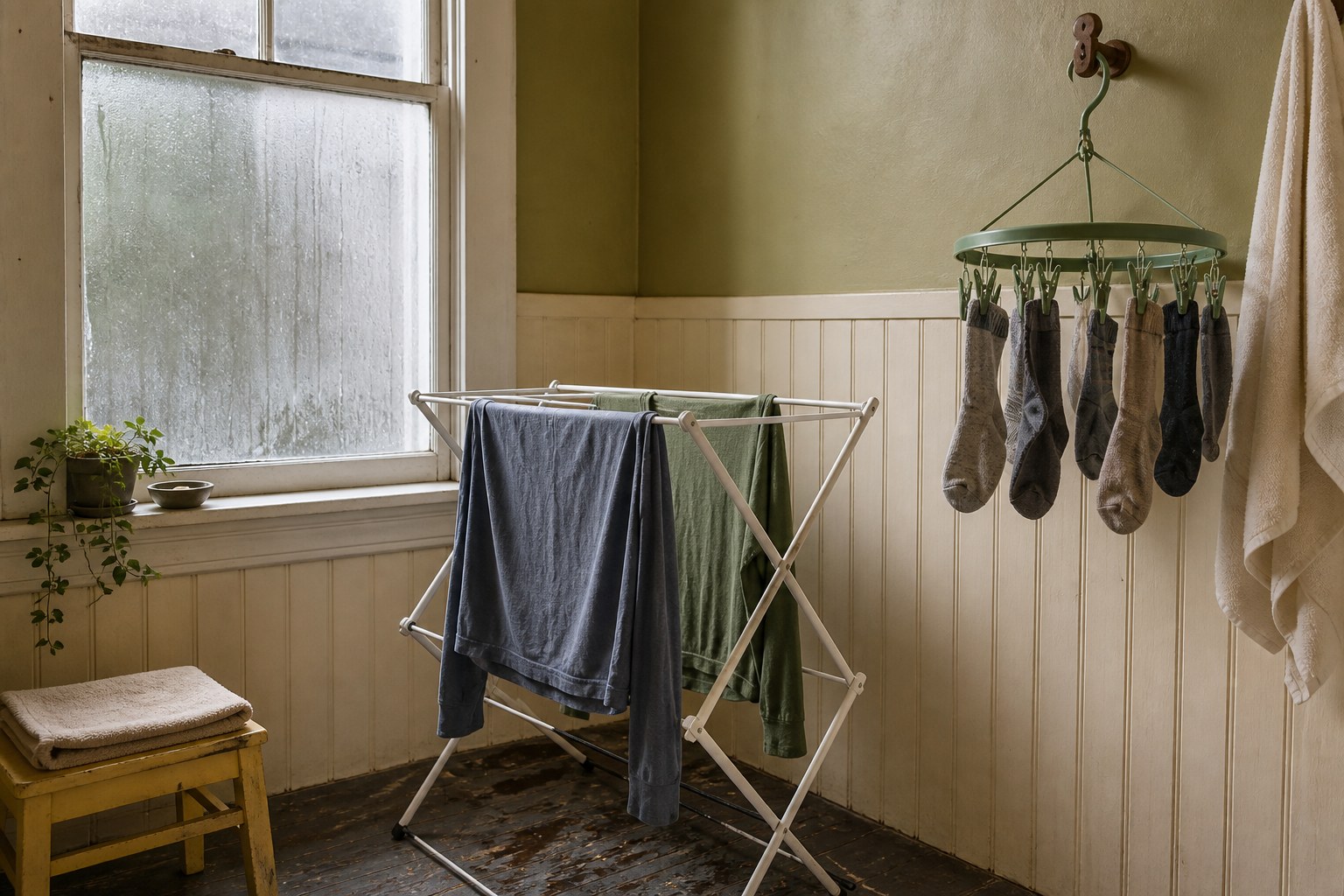 A white folding drying rack with two shirts near a fogged window, and a green hanging clip dryer holding socks on a wall peg.
