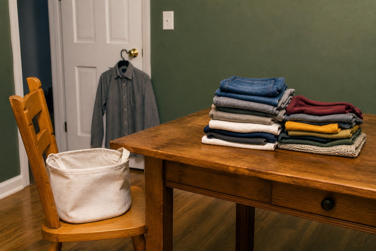 A wood table with two stacks of folded clothes, a chair holding an empty cloth basket, and a shirt hanging from a door handle.