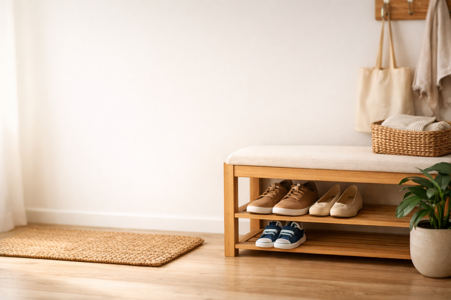 A tidy shoe-free entryway with a bench, shoe racks, hanging bags, and a plant.