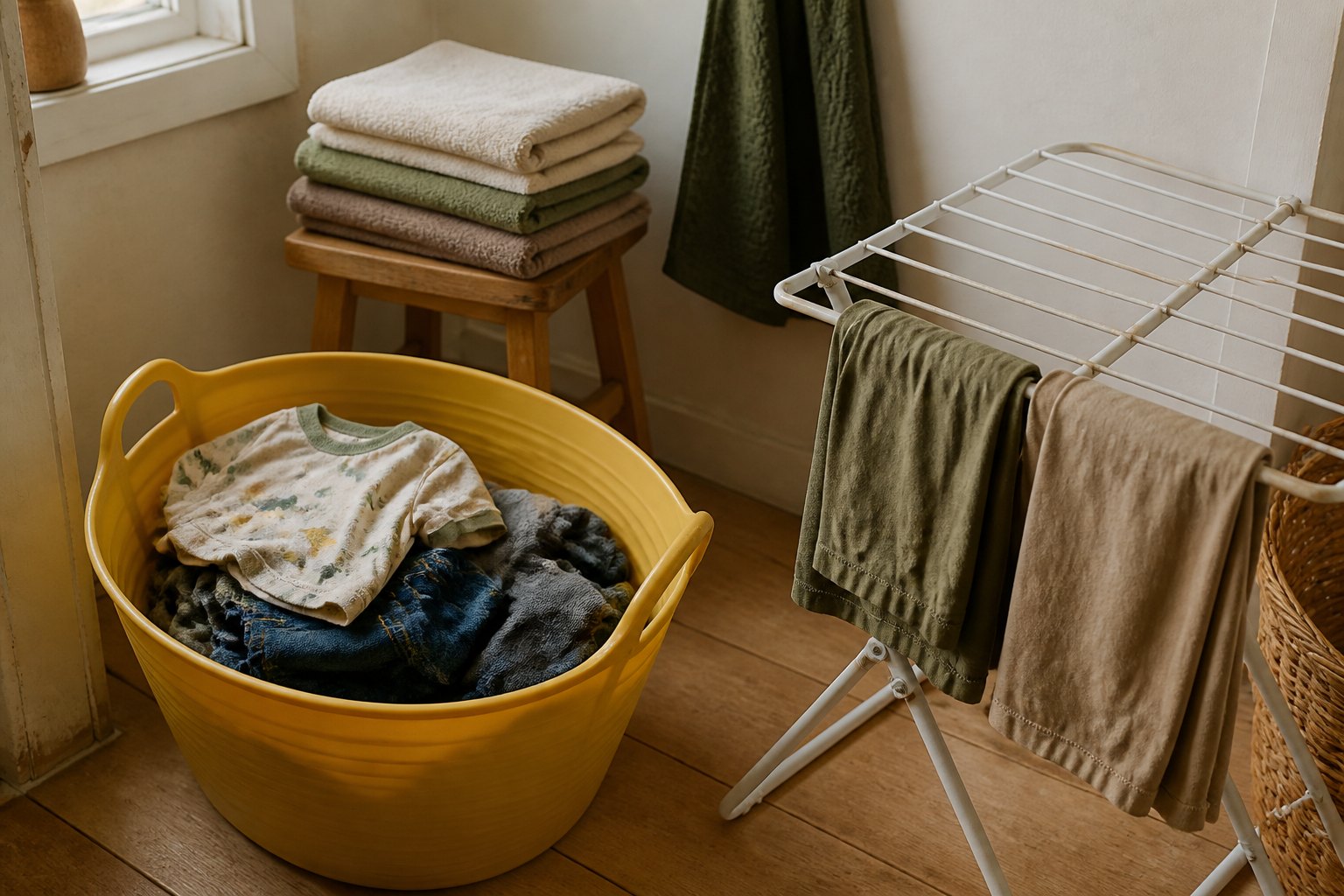 A yellow flexible laundry tote of clothes on a wood floor beside a compact white folding drying rack with two cloths, and a wooden stool stacked with folded towels.
